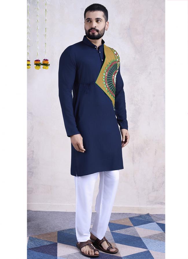 Rayon Navy Blue Navratri Wear Embroidery Work Readymade Kurta